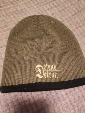 Embroidered Olive Green Beanie with Black Trim-Defend DETROIT LOGO